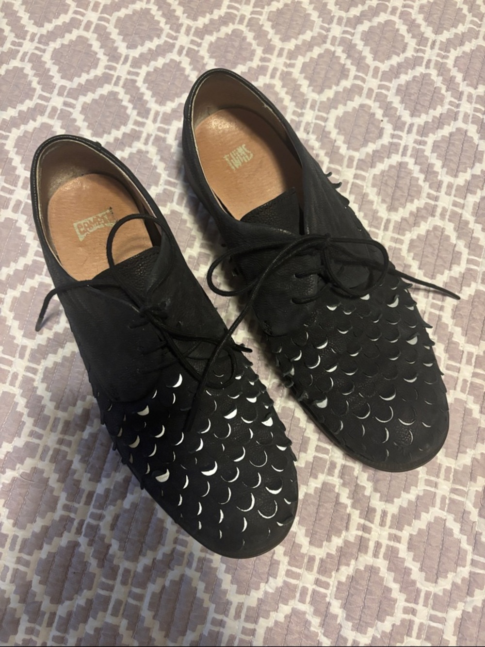 Camper Black Lace-Up Oxfords with Metallic Crescent Cutouts